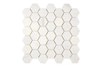 Aria Bianco Dolomite marble mosaic 2-inch hexagon, studio image of a mounted sheet showing subtle natural veining and soft tone variation.