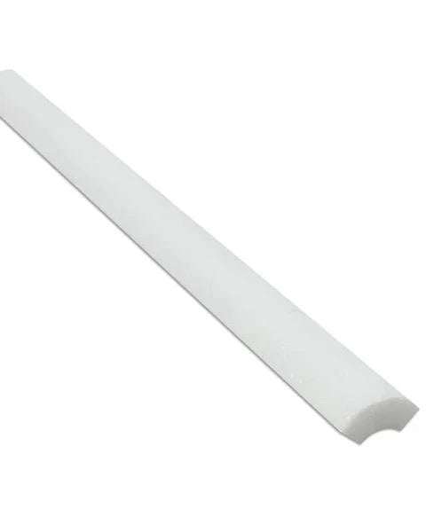 Aria Bianco Dolomite marble quarter round trim, studio image showing a rounded edge profile in soft white stone for corners and finishing transitions.