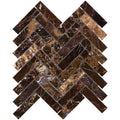 ARIA Emperador Dark marble 1x4 polished herringbone mosaic with rich brown color and natural cream white veining