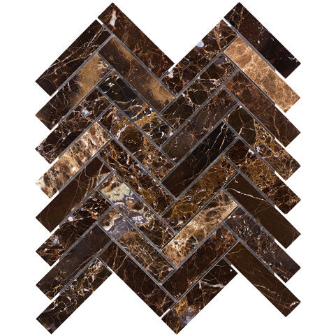 ARIA Emperador Dark marble 1x4 polished herringbone mosaic with rich brown color and natural cream white veining