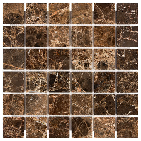 ARIA Emperador Dark marble 2x2 polished mosaic with rich brown color and natural cream white veining