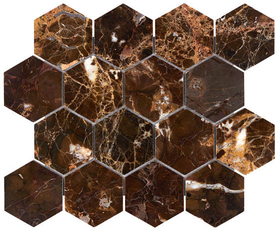 ARIA Emperador Dark marble 3 inch hexagon polished mosaic with rich brown color and natural cream white veining