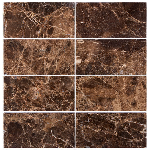 ARIA Emperador Dark marble 3x6 polished subway tile with rich brown color and natural cream white veining