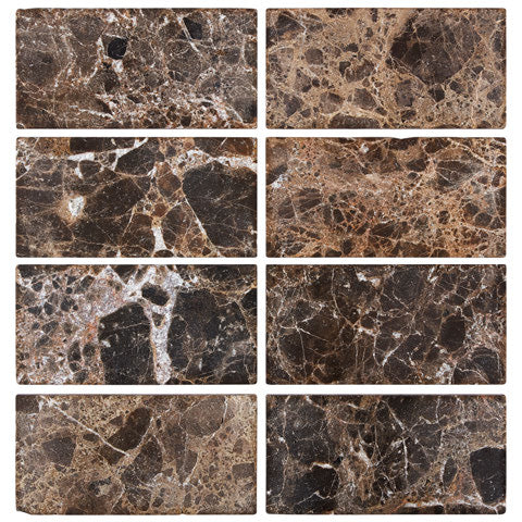 Alt text:
ARIA Emperador Dark marble 3x6 tumbled subway tile with warm brown color and natural cream white veining