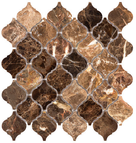 ARIA Emperador Dark marble arabesque polished mosaic with rich brown color and natural cream white veining