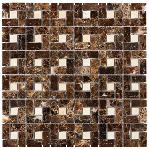 ARIA Emperador Dark marble pinwheel polished mosaic with beige dots and natural cream white veining