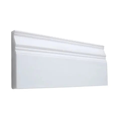 Aria Bianco Dolomite marble baseboard trim, studio image showing a molded white marble profile with subtle natural veining for clean wall-to-floor transitions.