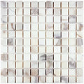 Aria Calacatta Gold marble 1x1 mosaic sheet, studio image showing a bright white background with warm gold veining and subtle gray movement across the mounted grid.