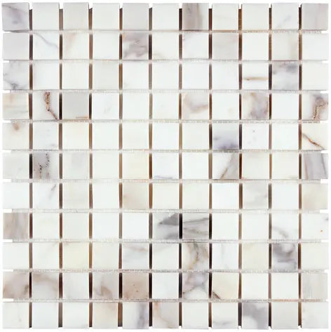 Aria Calacatta Gold marble 1x1 mosaic sheet, studio image showing a bright white background with warm gold veining and subtle gray movement across the mounted grid.