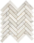  Aria Calacatta Gold marble 1x4 herringbone mosaic sheet, studio image showing a bright white background with warm gold veining and subtle gray movement in a classic herringbone pattern.