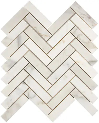  Aria Calacatta Gold marble 1x4 herringbone mosaic sheet, studio image showing a bright white background with warm gold veining and subtle gray movement in a classic herringbone pattern.