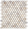 Aria Calacatta Gold marble penny round mosaic sheet, studio image showing round chips with a bright white background and warm gold veining with natural variation.