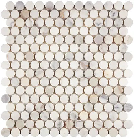 Aria Calacatta Gold marble penny round mosaic sheet, studio image showing round chips with a bright white background and warm gold veining with natural variation.