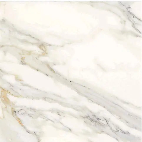 Aria Calacatta Gold marble tile 24x24, studio image showing a bright white background with warm gold veining and soft gray movement with natural variation.