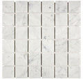 Aria Carrara White marble 2x2 mosaic sheet, studio image showing bright white square tiles with soft gray veining and natural variation across the mounted grid.