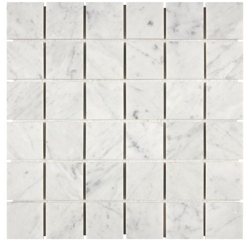 Aria Carrara White marble 2x2 mosaic sheet, studio image showing bright white square tiles with soft gray veining and natural variation across the mounted grid.