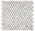 Aria Carrara White marble penny round mosaic sheet, studio image showing bright white round chips with soft gray veining and natural variation for shower floors, niches, and classic accents.