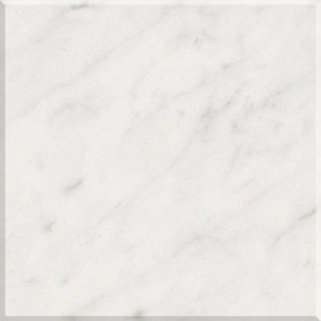 Aria Carrara White marble tile 12x12, studio image showing a bright white base with soft gray veining and natural variation for timeless floors, shower walls, and classic backsplashes.