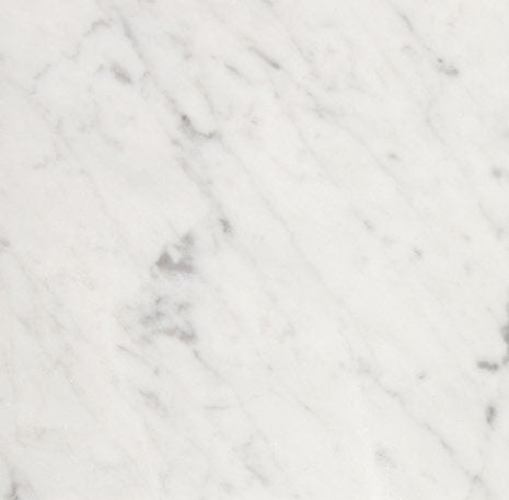 Aria Carrara White marble tile 18x18, studio image showing a bright white base with soft gray veining and natural variation for timeless floors, spa bathrooms, and classic entryways.
