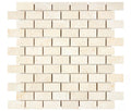 Aria Crema Marfil marble 1x2 brick mosaic sheet, studio image showing warm beige tones with gentle movement and natural variation in a clean running-bond layout.