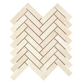 Aria Crema Marfil marble 1x4 herringbone mosaic sheet, studio image showing warm beige tones with gentle movement and natural variation in a classic herringbone pattern.