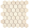 Aria Crema Marfil marble 2-inch hexagon mosaic sheet, studio image showing warm beige tones with gentle movement and natural variation across the mounted pattern.