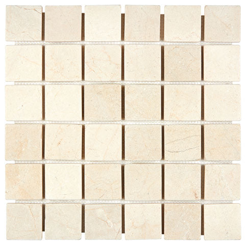 Aria Crema Marfil marble 2x2 mosaic sheet, studio image showing warm beige tones with gentle movement and natural variation across the mounted grid.