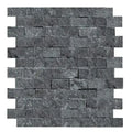 Aria Nero Marquina black marble 1x2 split face mosaic sheet, studio image showing a textured stacked-stone look in deep charcoal-black with natural variation for feature walls and accent panels.