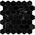  Aria Nero Marquina black marble 2-inch hexagon mosaic sheet, studio image showing deep black stone with bold white veining and natural high-contrast variation across the mounted pattern.