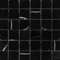 Aria Nero Marquina black marble 2x2 mosaic sheet, studio image showing deep black square tiles with bold white veining and natural high-contrast variation across the mounted grid.