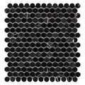 Aria Nero Marquina black marble penny round mosaic sheet, studio image showing deep black round chips with bold white veining and natural high-contrast variation across the sheet.