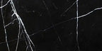 Aria Nero Marquina black marble tile 12x24, studio image showing deep black stone with bold white veining and natural high-contrast variation for dramatic walls, floors, and statement surfaces.