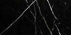 Aria Nero Marquina black marble tile 12x24, studio image showing deep black stone with bold white veining and natural high-contrast variation
