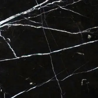 Aria Nero Marquina black marble tile 18x18, studio image showing deep black stone with bold white veining and natural high-contrast variation for dramatic floors, feature walls, and statement spaces.