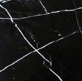 Aria Nero Marquina black marble tile 18x18, studio image showing deep black stone with bold white veining and natural high-contrast variation