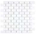 Aria Thassos White marble 1x2 brick mosaic sheet, studio image showing crisp bright-white pieces with minimal movement in a clean running-bond layout for shower floors, niches, and accents.