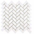 Aria Thassos White marble 1x2 herringbone mosaic sheet, studio image showing crisp bright-white pieces with minimal movement in a clean herringbone pattern for shower floors, niches, and accents.