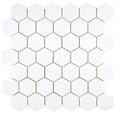 Aria Thassos White marble 2-inch hexagon mosaic sheet, studio image showing crisp bright-white hex tiles with minimal movement for clean shower floors, niches, and accents.