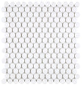 Aria Thassos White marble penny round mosaic sheet, studio image showing crisp bright-white round chips with minimal movement for clean shower floors, niches, and accents.
