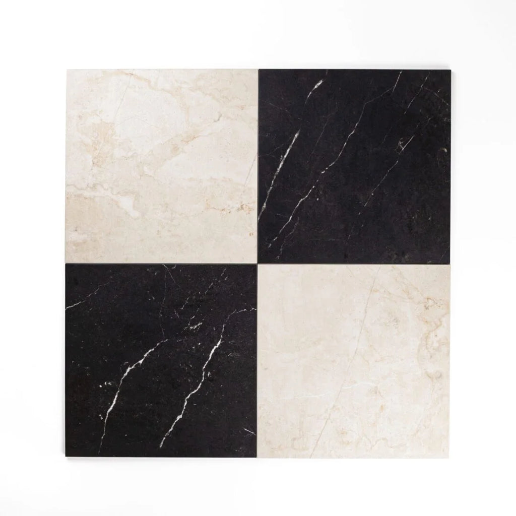 Checkered pattern of black and beige tiles on a white background