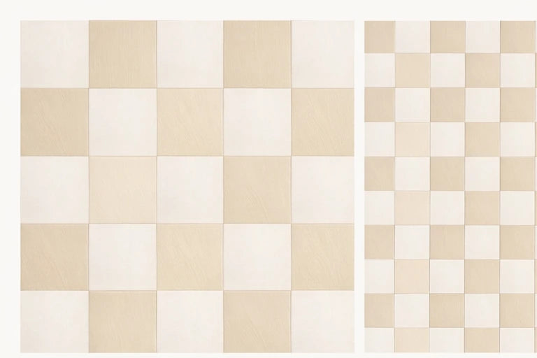 Chalk Wash + Nomad Dune checkerboard porcelain tile pattern, matte finish, zero grout lines, 7x7 squares