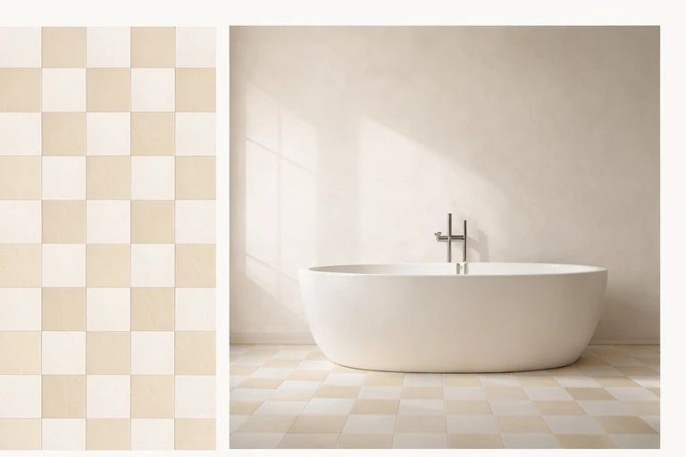 Close-up of Chalk Wash + Nomad Dune checkerboard porcelain tiles, troweled plaster-look texture, matte, zero grout lines