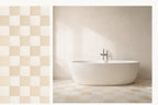 Close-up of Chalk Wash + Nomad Dune checkerboard porcelain tiles, troweled plaster-look texture, matte, zero grout lines