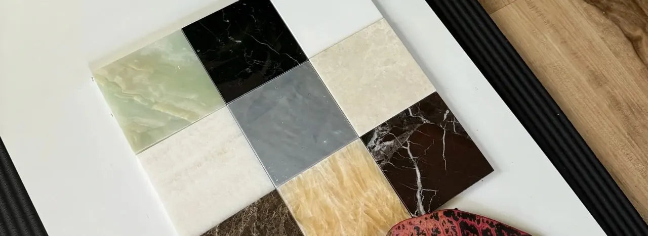 Natural stone checkerboard tile samples in marble, onyx, limestone, and travertine