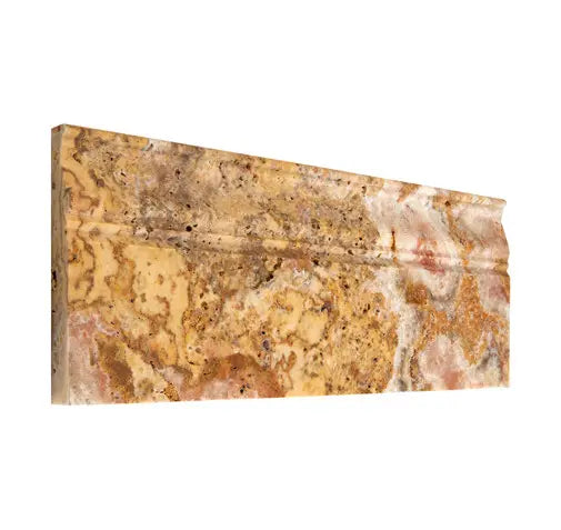 Forum Terra Autumn Leaves (Scabos) travertine baseboard trim, studio image showing a molded multi-tonal profile with warm creams, tans, and earthy accents plus natural pores and variation for wall-to-floor transitions.