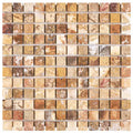 Forum Terra Autumn Leaves (Scabos) travertine 1x1 mosaic sheet honed, studio image showing sun-baked creams, tans, and deeper earthy accents with natural pores and rich variation in a small-format grid for shower floors and warm wet-area accents.