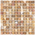 Forum Terra Autumn Leaves (Scabos) travertine 1x1 mosaic sheet tumbled, studio image showing sun-baked creams, tans, and deeper earthy accents with natural pores, softened edges, and rich variation in a small-format grid for shower floors and warm wet-area accents.