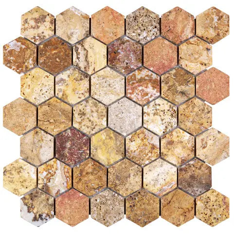Hexagonal stone mosaic tile pattern in various earthy tones