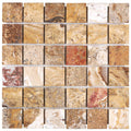 Forum Terra Autumn Leaves (Scabos) travertine 2x2 mosaic sheet tumbled, studio image showing sun-baked multi-tonal creams, tans, and earthy accents with natural pores, softened edges, and rich variation across the mounted grid for shower floors and warm accent areas.