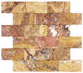 Forum Terra Autumn Leaves (Scabos) travertine 2x4 brick mosaic sheet honed, studio image showing sun-baked creams, tans, and deeper earthy accents with natural pores and rich variation in a clean running-bond pattern for shower floors and warm accent areas.
